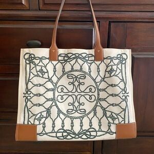 Tory Burch Cream and Brown Tote with Dark Green Detailing